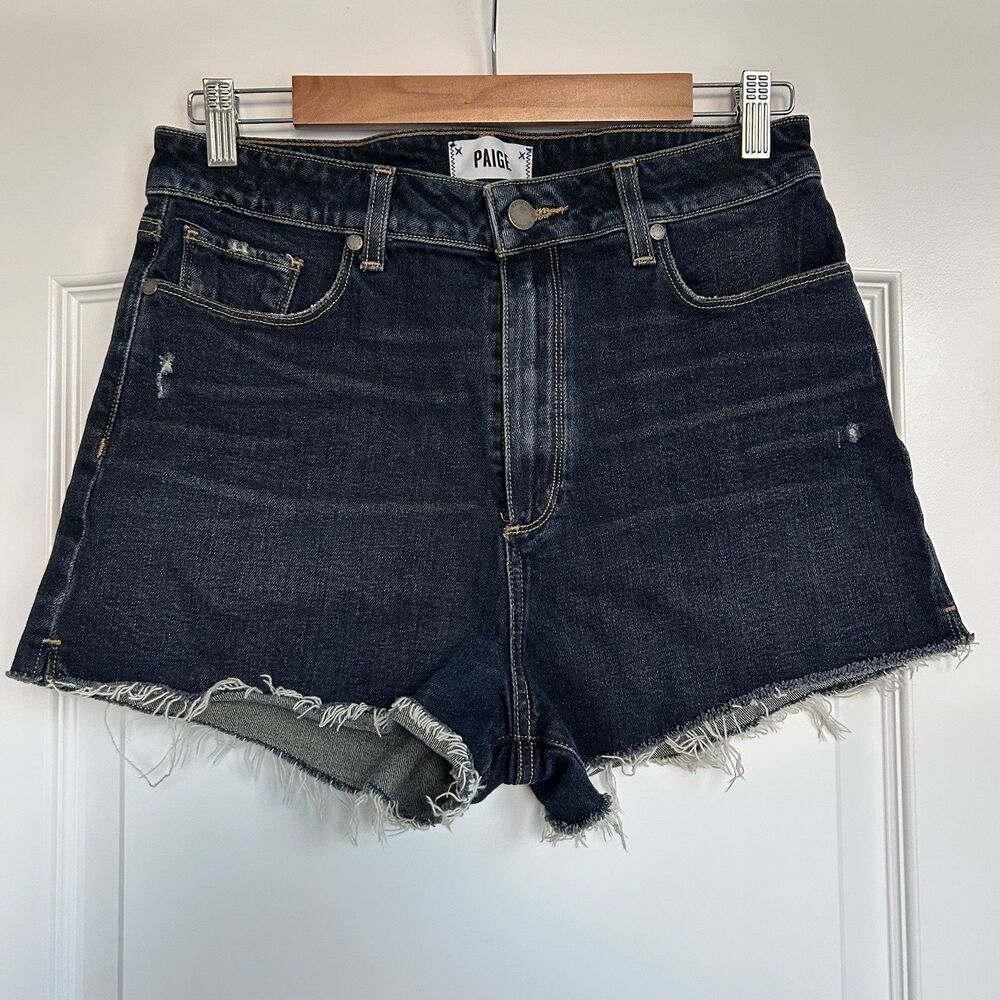 Paige Womens Margot Short Raw Hem Denim Shorts High Rise Sz 30 Dark Blue Stretch